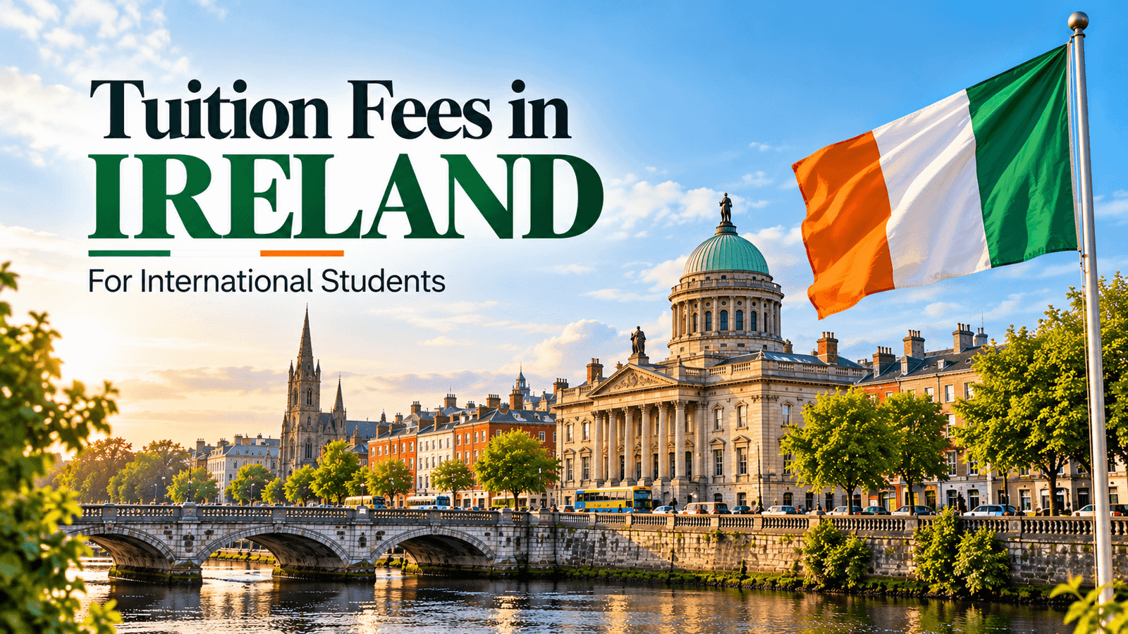 Tuition fees in Ireland for international students featuring Dublin cityscape, Irish flag, river, historic buildings, and stone bridge.