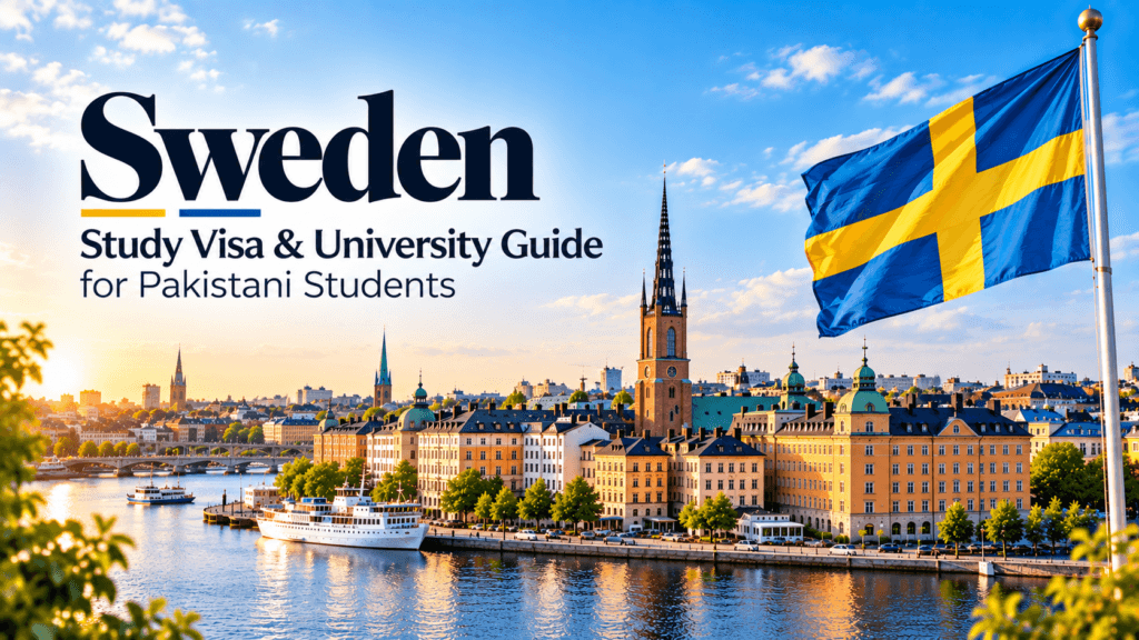 Sweden study visa and university guide for Pakistani students featuring Stockholm waterfront, Swedish flag, historic buildings, and harbor.