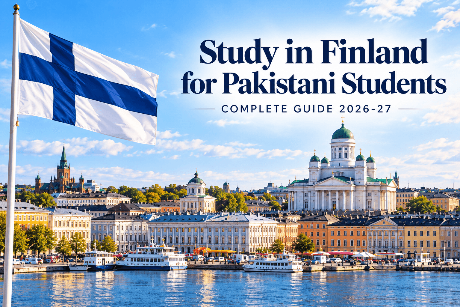 Study in Finland for Pakistani Students – Helsinki skyline with Finnish flag and Helsinki Cathedral