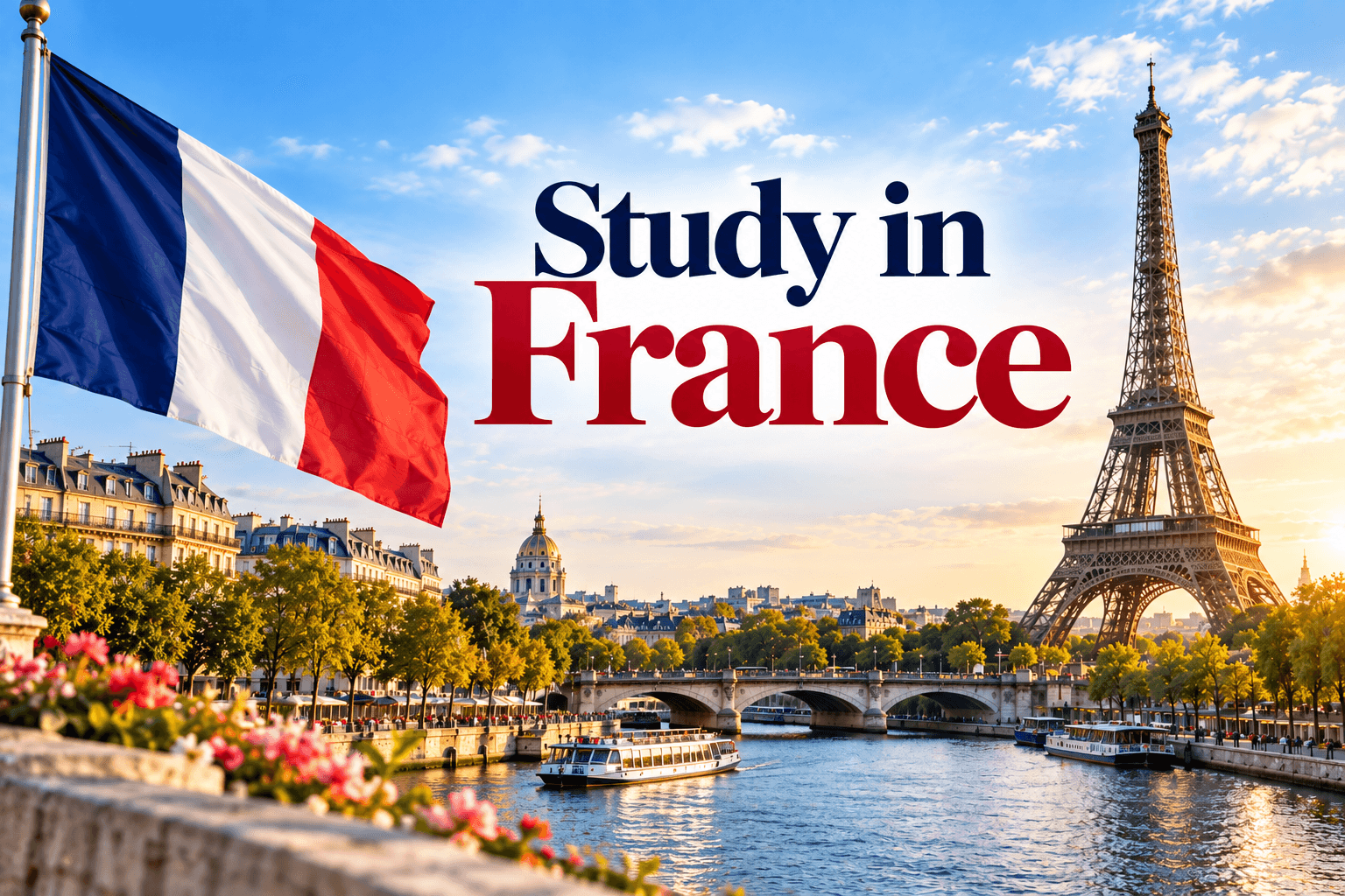 Study in France poster featuring the French flag, Eiffel Tower and Paris cityscape along the Seine