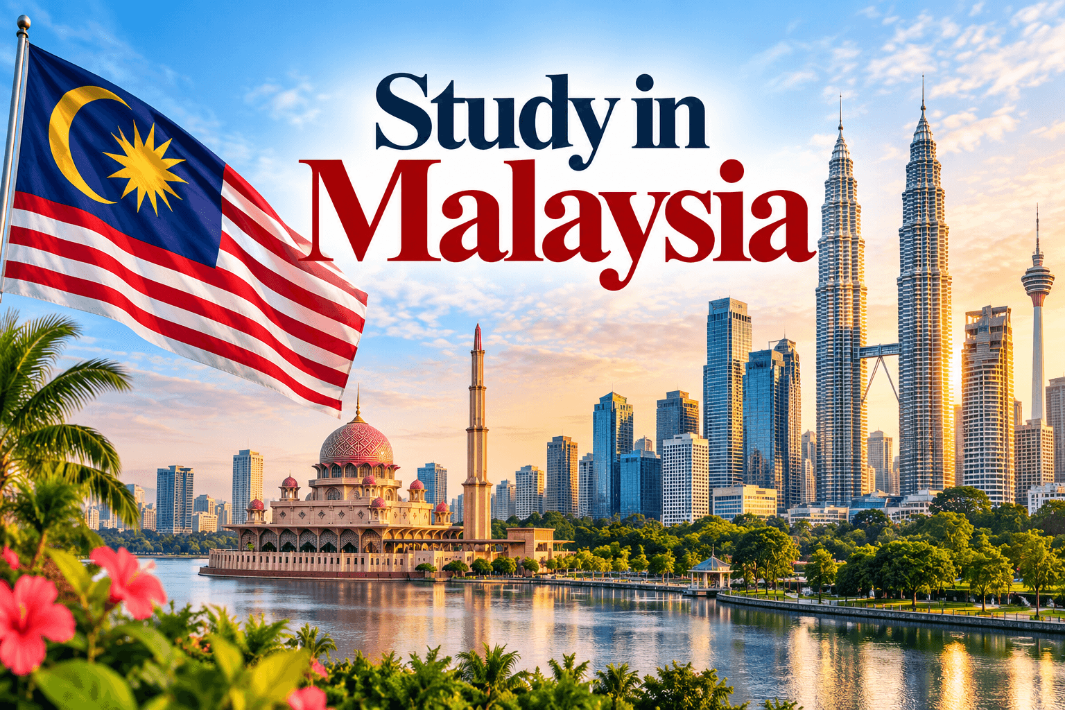 Study in Malaysia poster featuring the Malaysian flag, Petronas Twin Towers and Kuala Lumpur skyline