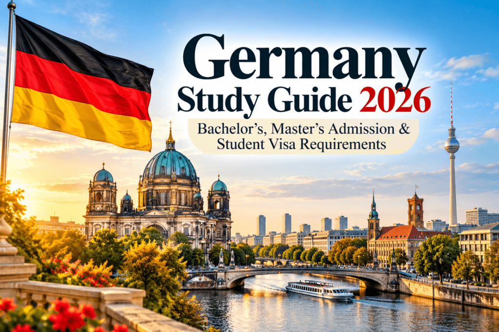 Germany Study Guide 2026 poster featuring the German flag, Berlin Cathedral, River Spree and Berlin skyline