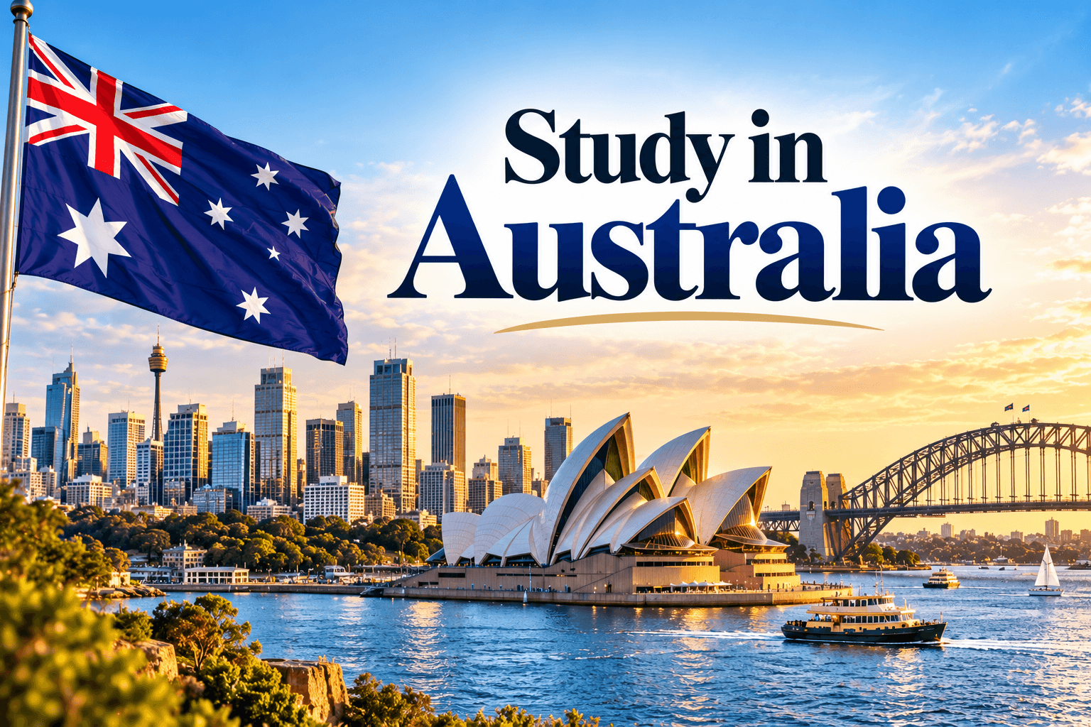 Study in Australia poster featuring the Australian flag, Sydney Opera House, Harbour Bridge and Sydney skyline