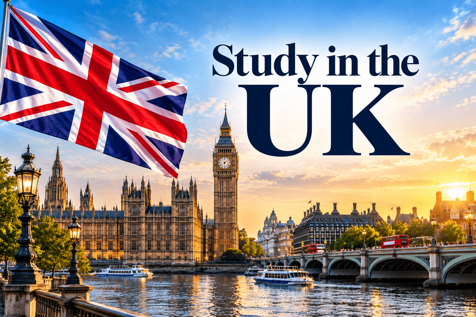 Study in the UK poster featuring the British flag, Big Ben, Houses of Parliament, Westminster Bridge and London skyline