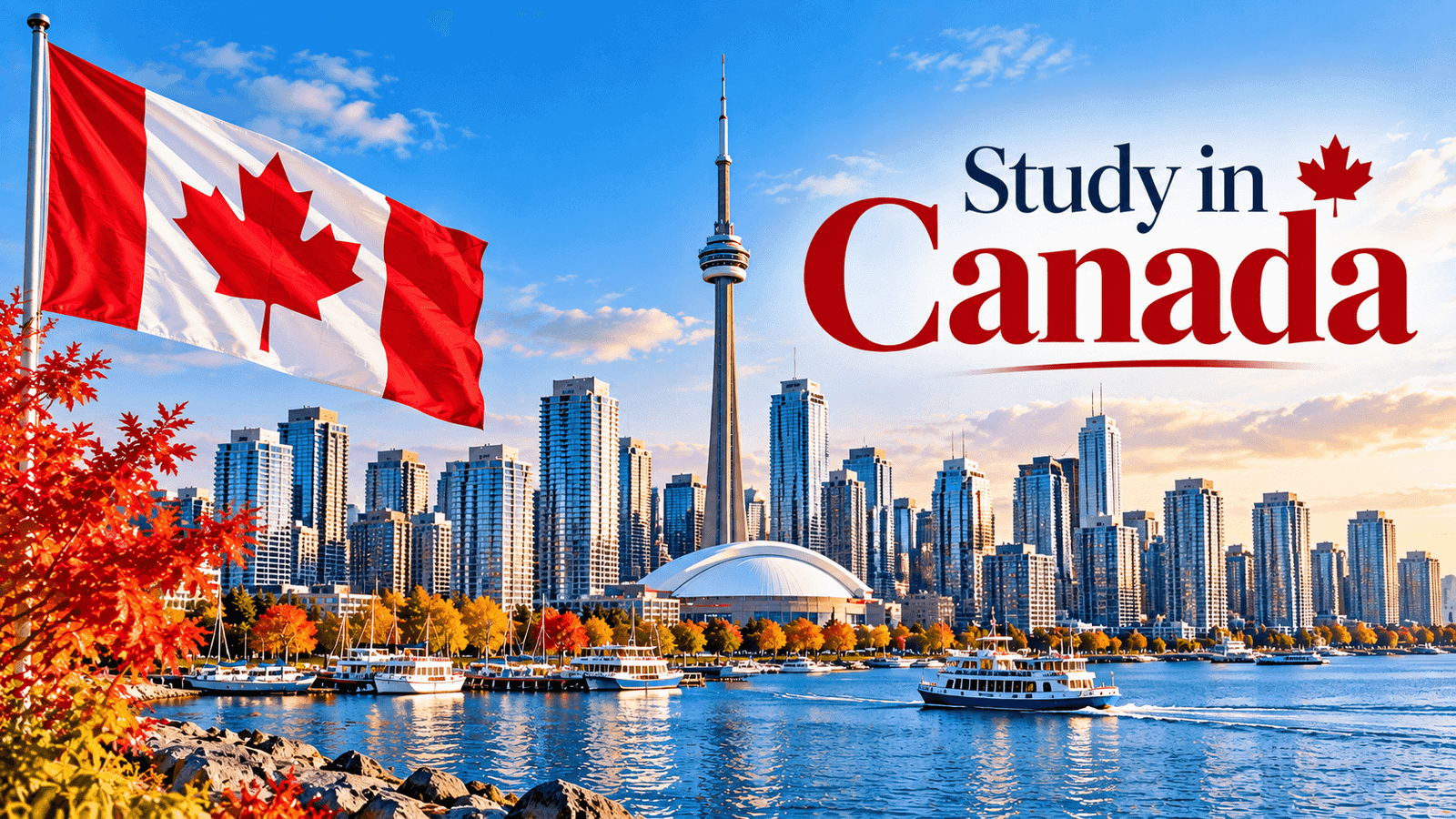 Study in Canada poster featuring the Canadian flag, CN Tower, Toronto skyline and waterfront