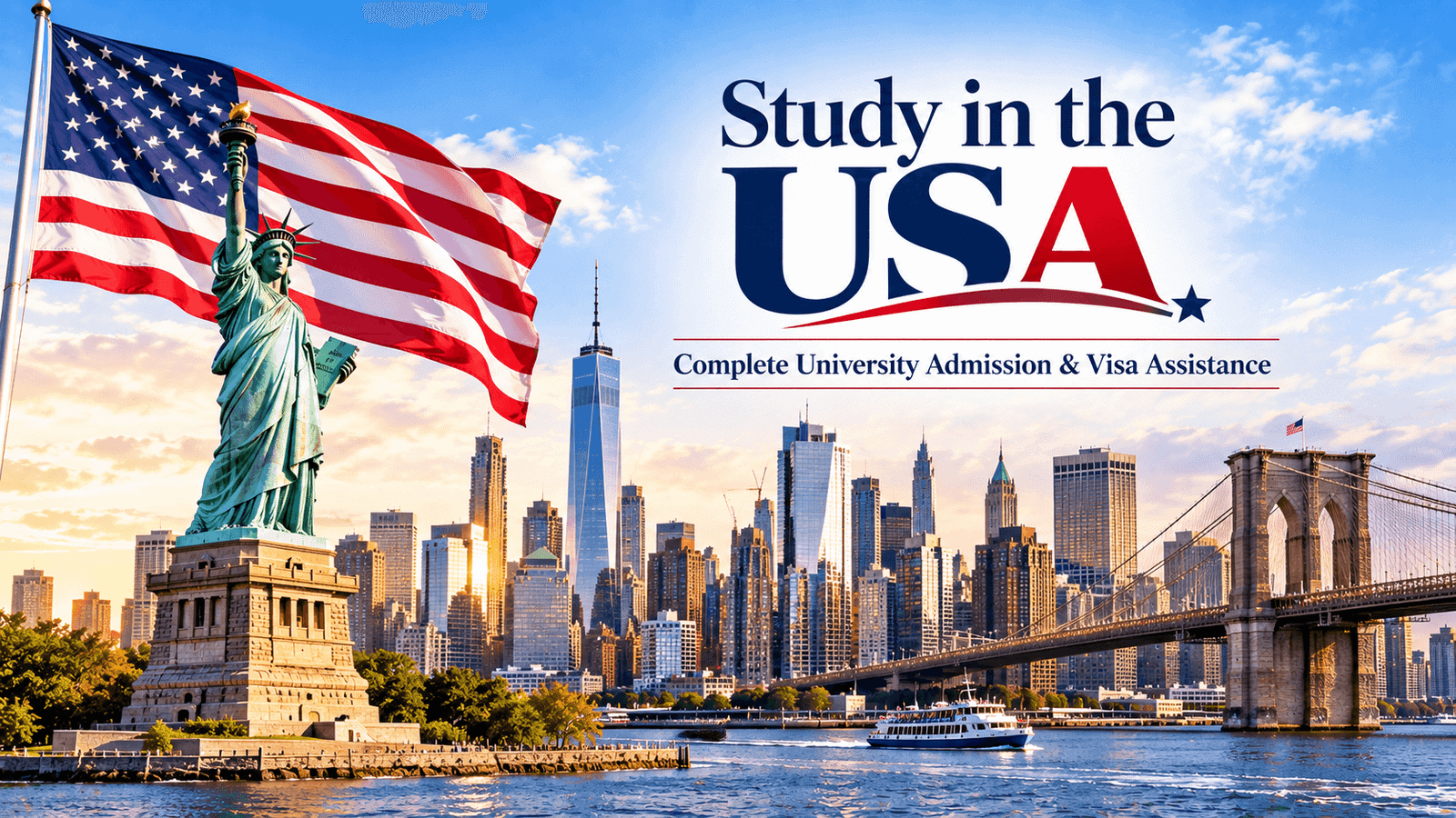 Study in the USA poster featuring the American flag, Statue of Liberty, New York City skyline and Brooklyn Bridge