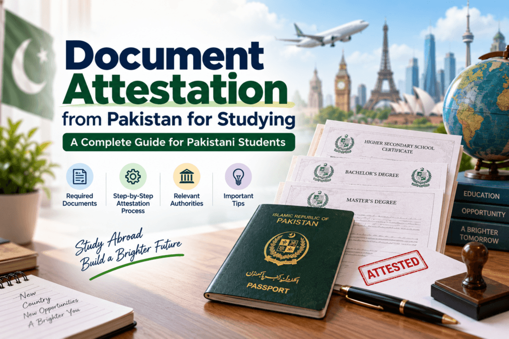 Document attestation from Pakistan for studying abroad, featuring attested educational certificates, Pakistani passport, and international study destinations.