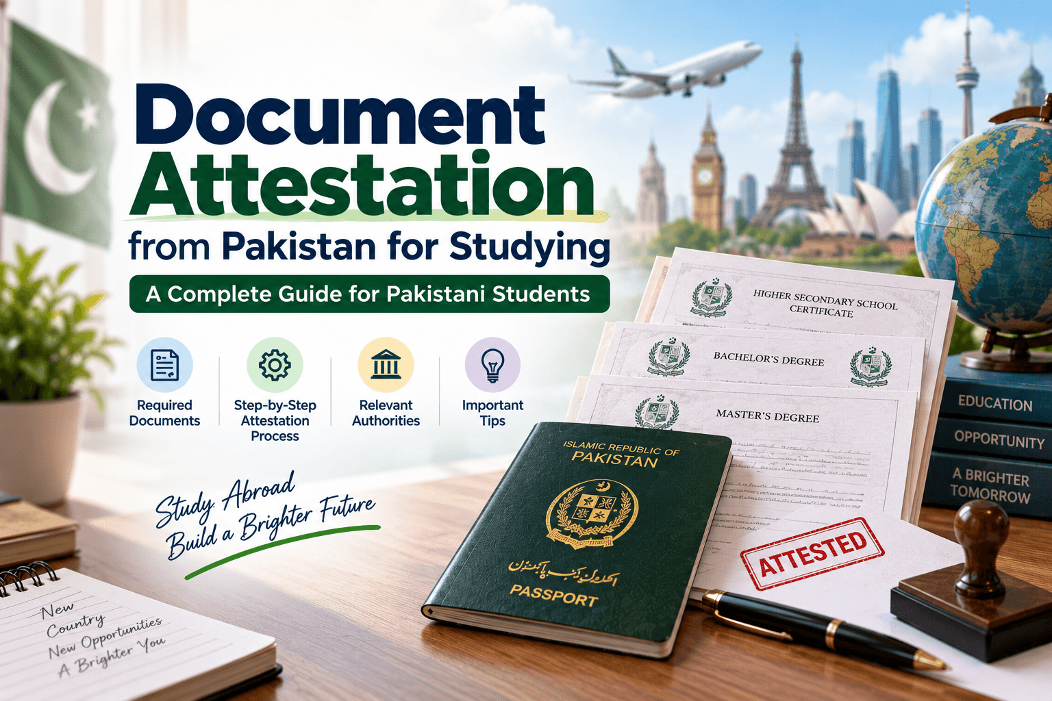 Document attestation from Pakistan for studying abroad, featuring attested educational certificates, Pakistani passport, and international study destinations.