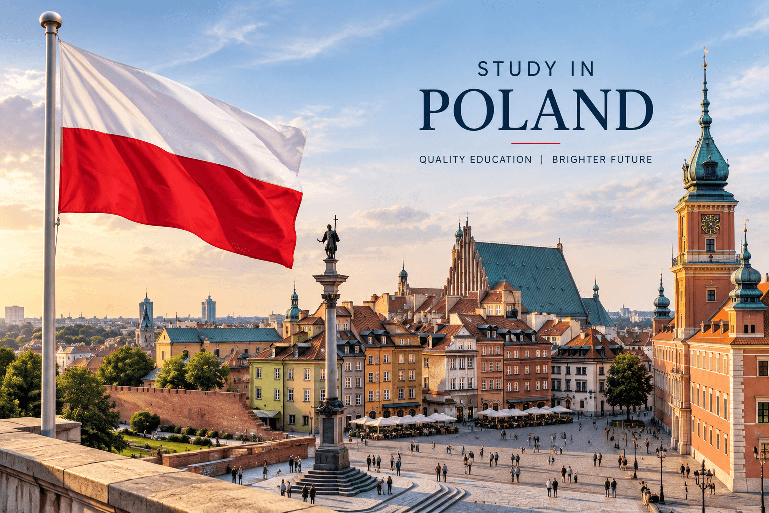 Polish national flag overlooking the historic old town of Warsaw, Poland
