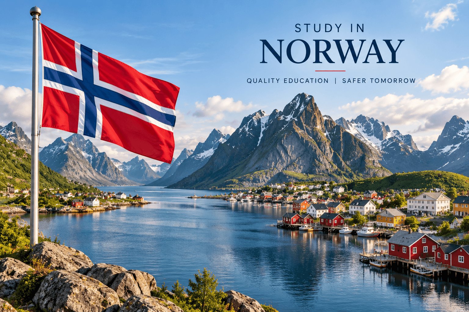 Norwegian flag overlooking a scenic fjord town and snow-capped mountains in Norway