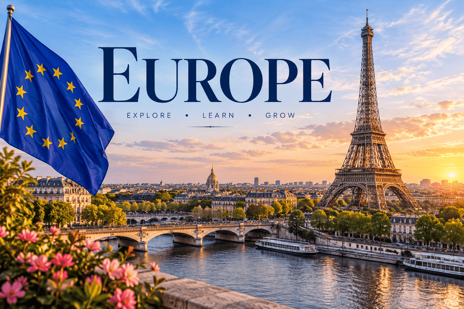 Europe travel destination featuring the Eiffel Tower, Seine River, and European Union flag at sunset.