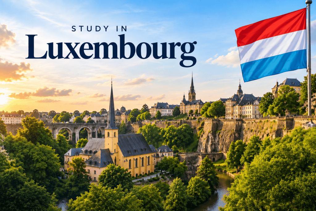 Study in Luxembourg promotional poster featuring Luxembourg City's historic landscape, scenic river valley, stone bridge, church, and Luxembourg national flag.
