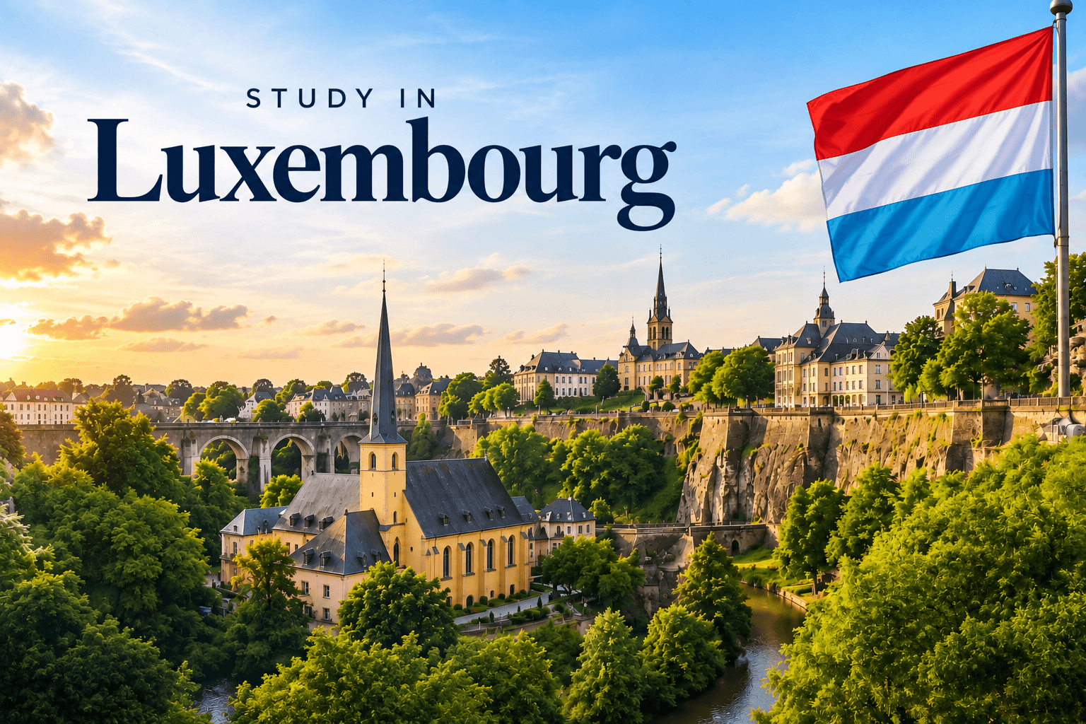 Study in Luxembourg promotional poster featuring Luxembourg City's historic landscape, scenic river valley, stone bridge, church, and Luxembourg national flag.