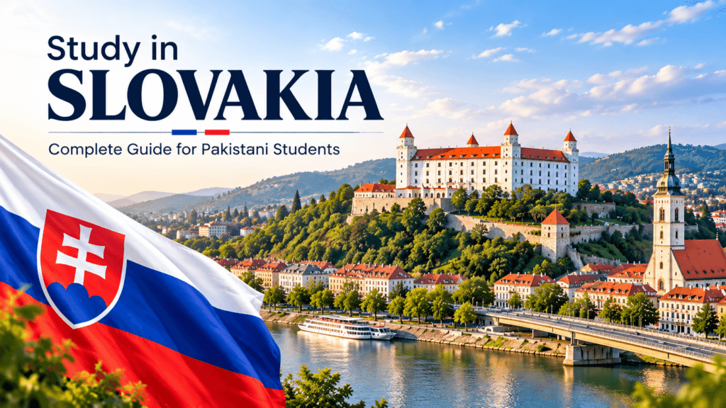 Study in Slovakia banner featuring Bratislava Castle, Danube River, Slovak flag, and cityscape