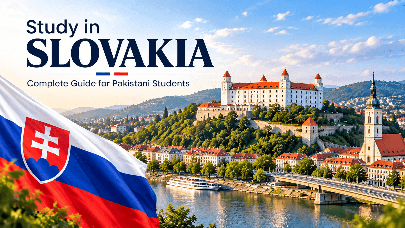 Study in Slovakia banner featuring Bratislava Castle, Danube River, Slovak flag, and cityscape