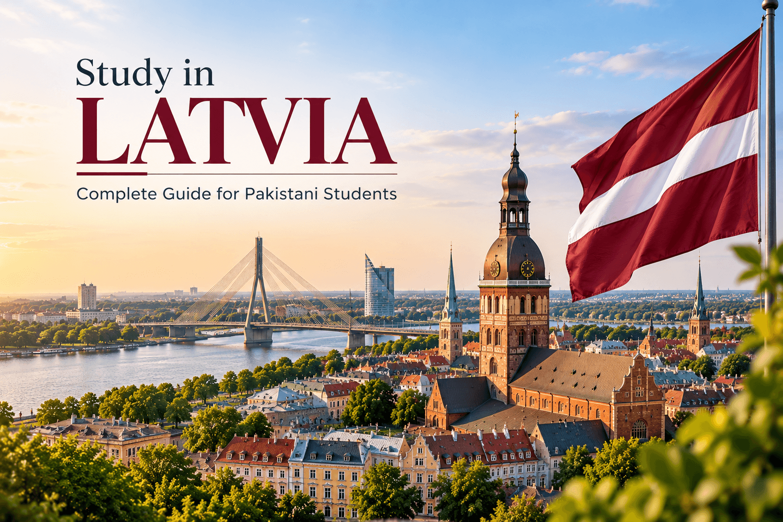 Study in Latvia banner featuring Riga cityscape, Daugava River, historic church, bridge and Latvian flag