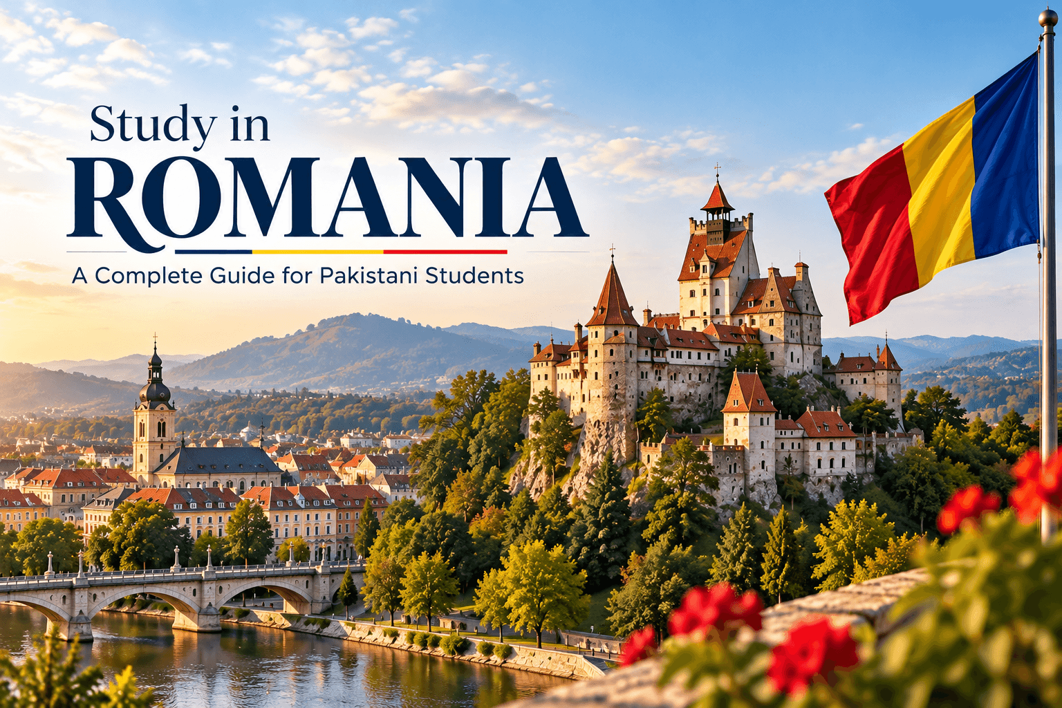 Study in Romania banner featuring Bran Castle, Romanian flag, historic town, bridge, river and Carpathian Mountains