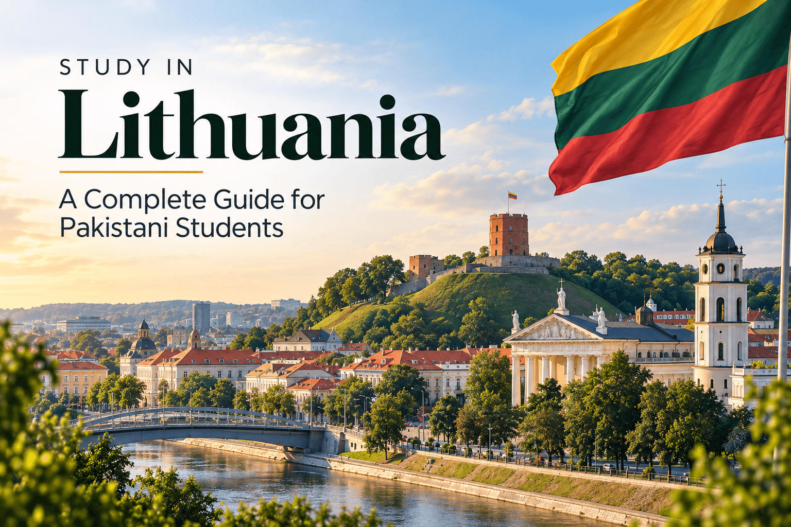 Study in Lithuania poster featuring Vilnius city, Gediminas Tower, historic architecture, river, and Lithuanian flag.