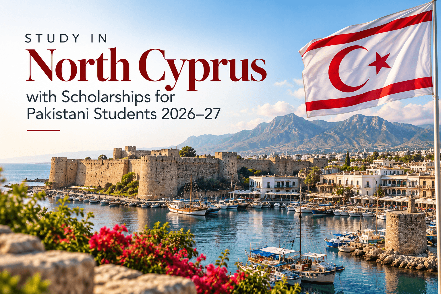 Study in North Cyprus poster featuring a Mediterranean harbor, historic Kyrenia Castle, mountains, boats, and the North Cyprus flag.
