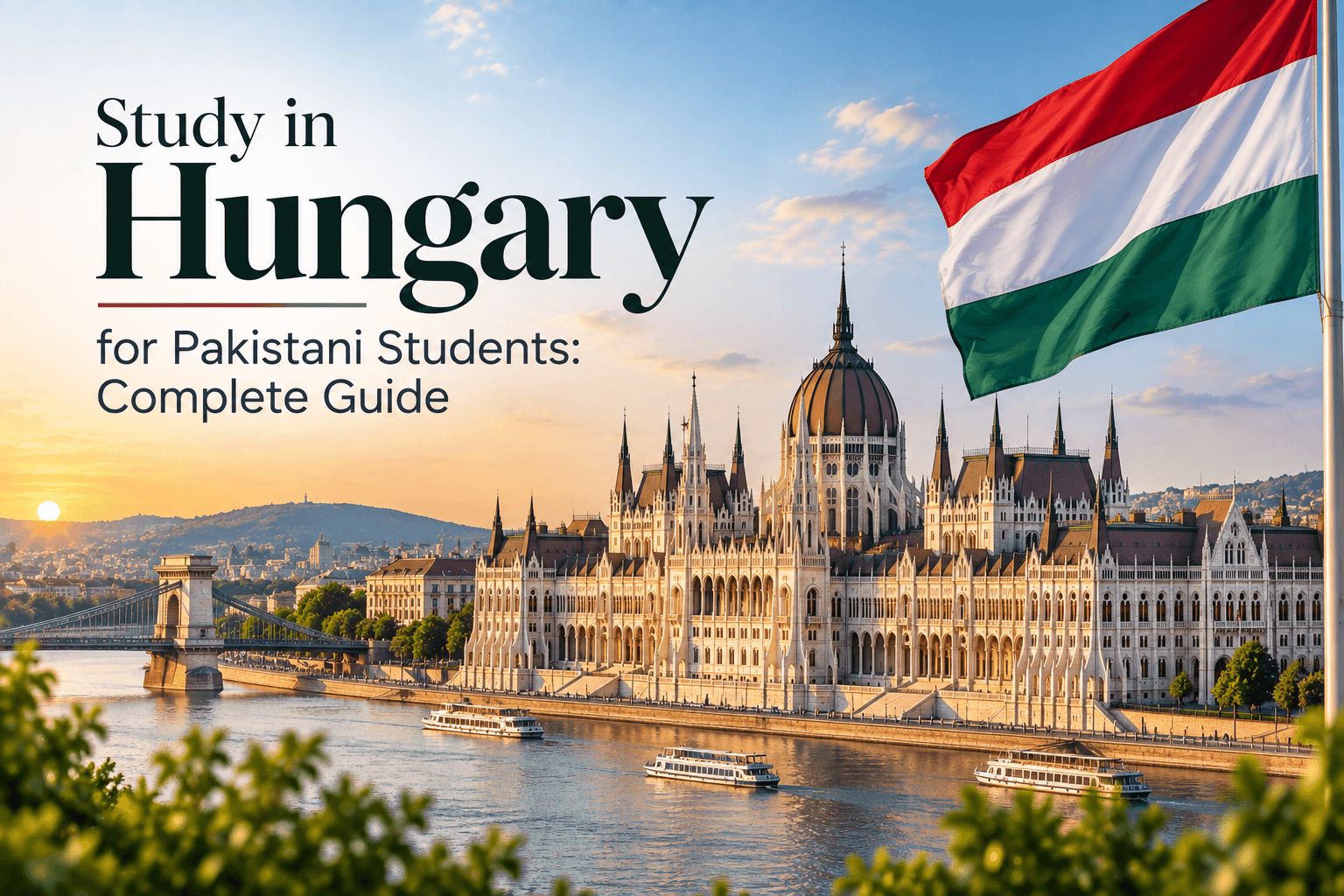 Study in Hungary poster featuring Budapest Parliament, the Danube River, Chain Bridge, Budapest skyline, and Hungarian flag.