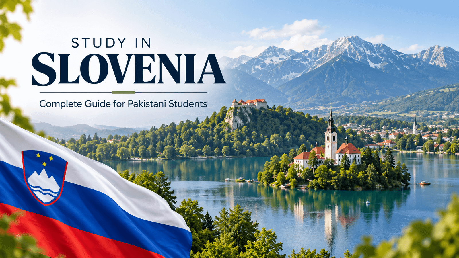 Study in Slovenia with Lake Bled, Slovenian flag, island church, castle, and Alpine mountains