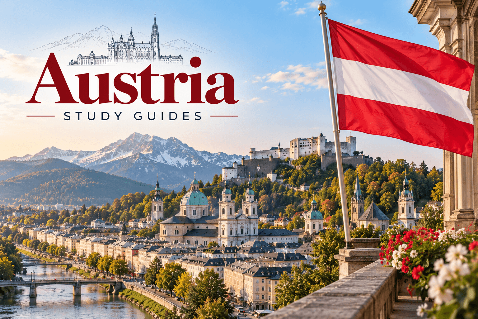 Austria study guides featuring Salzburg’s historic cityscape, Alpine mountains, hilltop fortress, river, and Austrian flag.