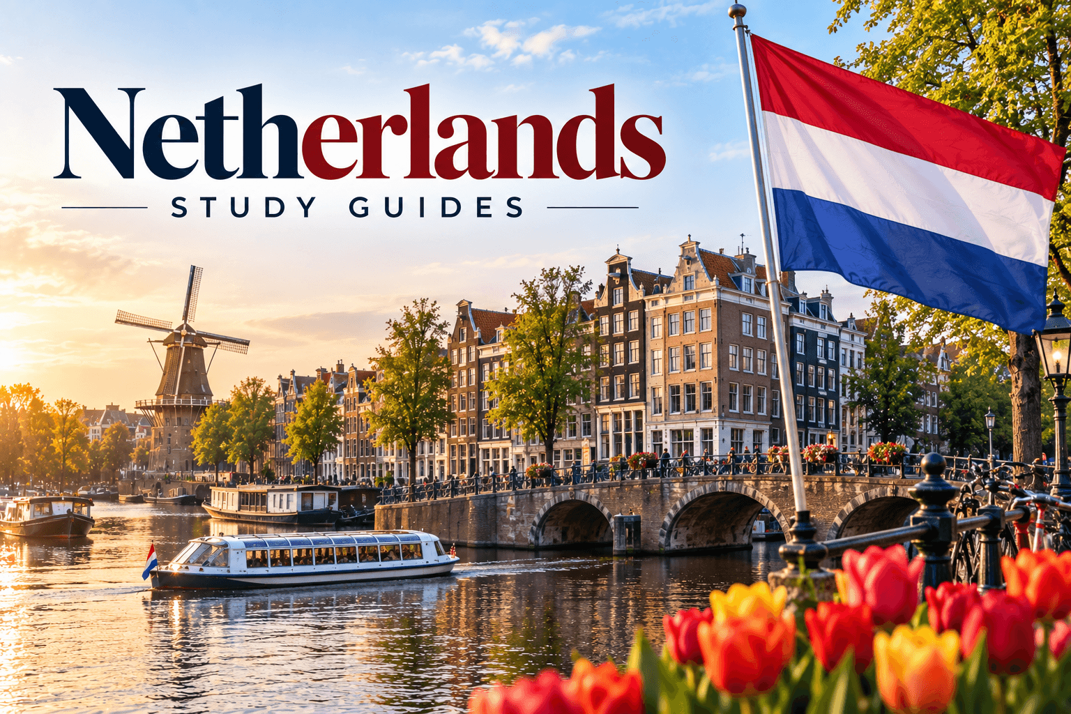 Netherlands study guides featuring Amsterdam canals, historic canal houses, a windmill, boats, tulips, and the Dutch flag.