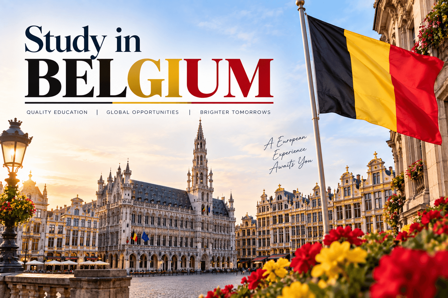 Study in Belgium featuring Brussels Grand Place, historic Belgian architecture, colorful flowers, and the Belgian flag.