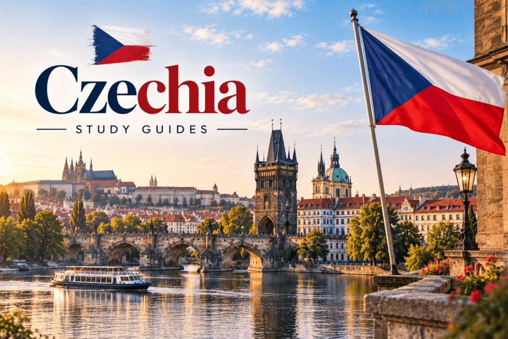 Czechia study guides featuring Prague’s historic skyline, Charles Bridge, Czech flag, and riverside scenery.