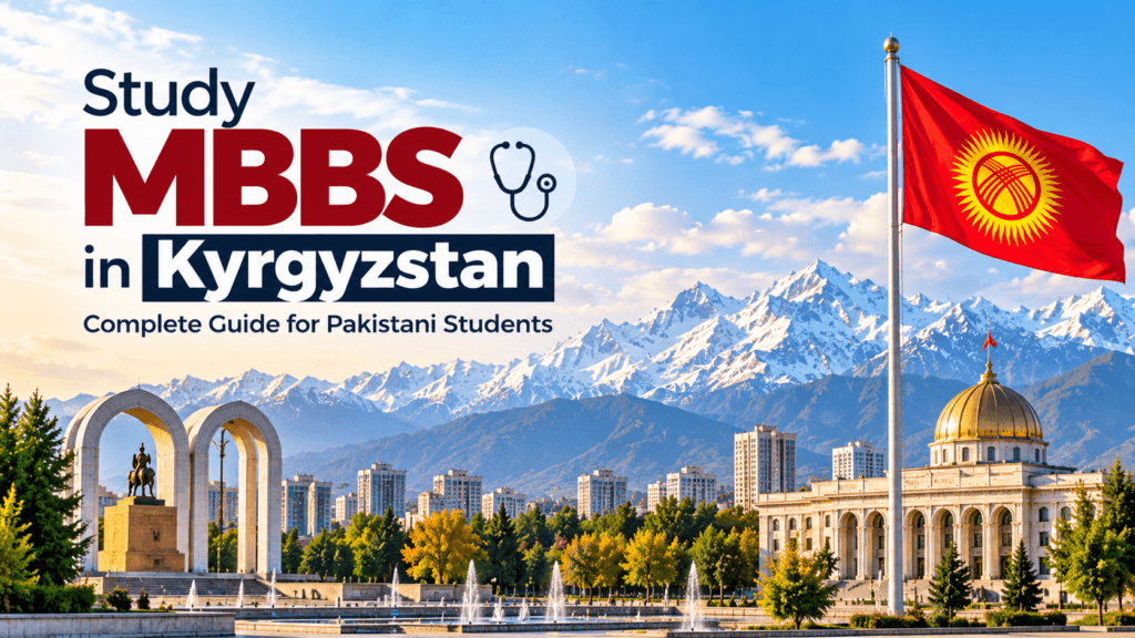 Study MBBS in Kyrgyzstan with a scenic Kyrgyzstan city, snow-capped mountains, national flag, and medical education theme.