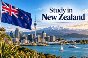 Study in New Zealand poster featuring the New Zealand flag, Auckland skyline, Sky Tower and snow-capped mountains