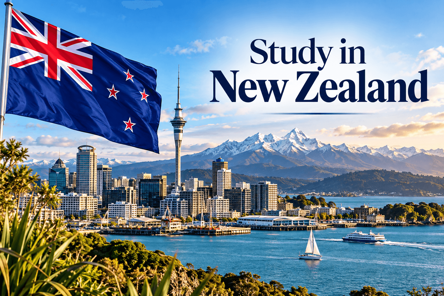 Study in New Zealand poster featuring the New Zealand flag, Auckland skyline, Sky Tower and snow-capped mountains