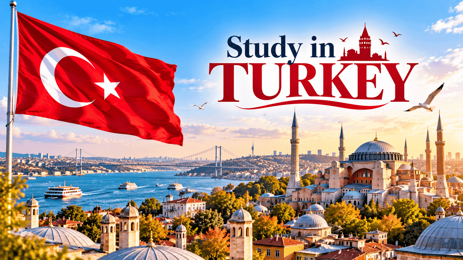 Study in Turkey poster featuring the Turkish flag, Istanbul skyline, Bosphorus Bridge and historic mosque
