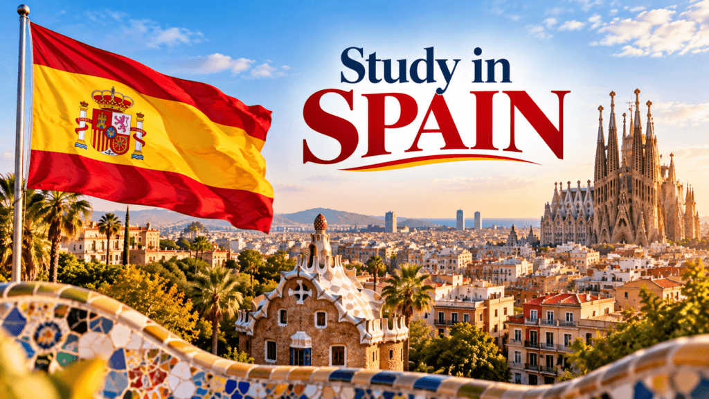 Study in Spain poster featuring the Spanish flag, Sagrada Família, Barcelona skyline and Park Güell