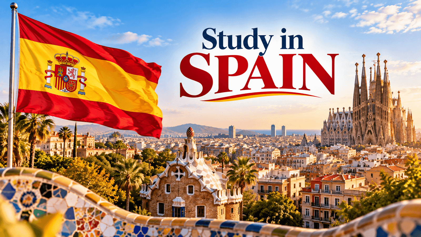 Study in Spain poster featuring the Spanish flag, Sagrada Família, Barcelona skyline and Park Güell