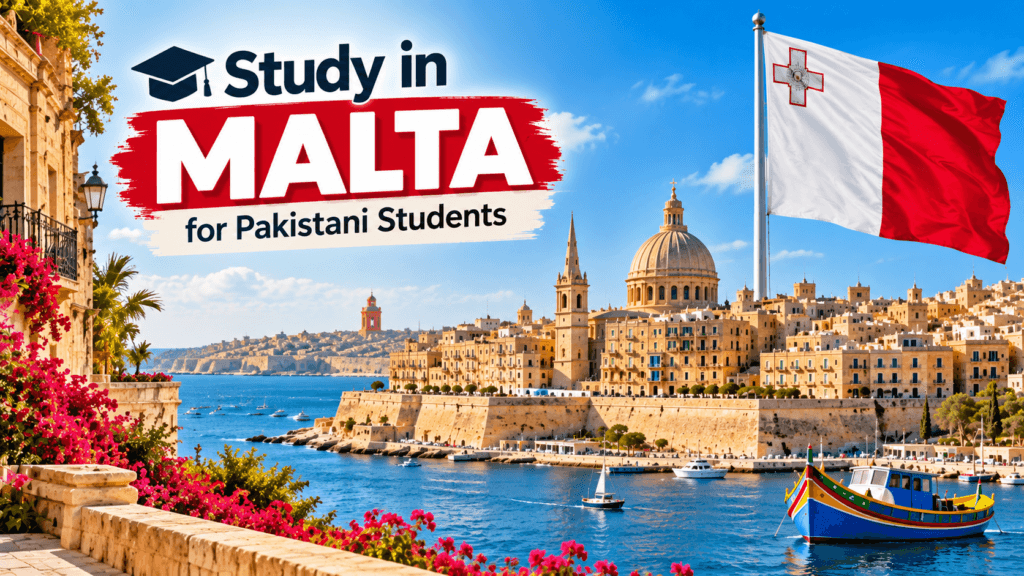 Study in Malta for Pakistani Students with a scenic Mediterranean harbor, historic Maltese architecture, Malta flag, and colorful traditional boat.