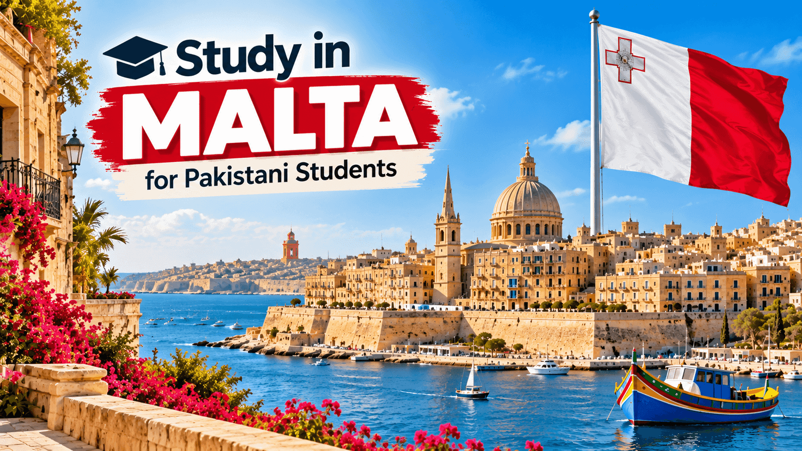 Study in Malta for Pakistani Students with a scenic Mediterranean harbor, historic Maltese architecture, Malta flag, and colorful traditional boat.