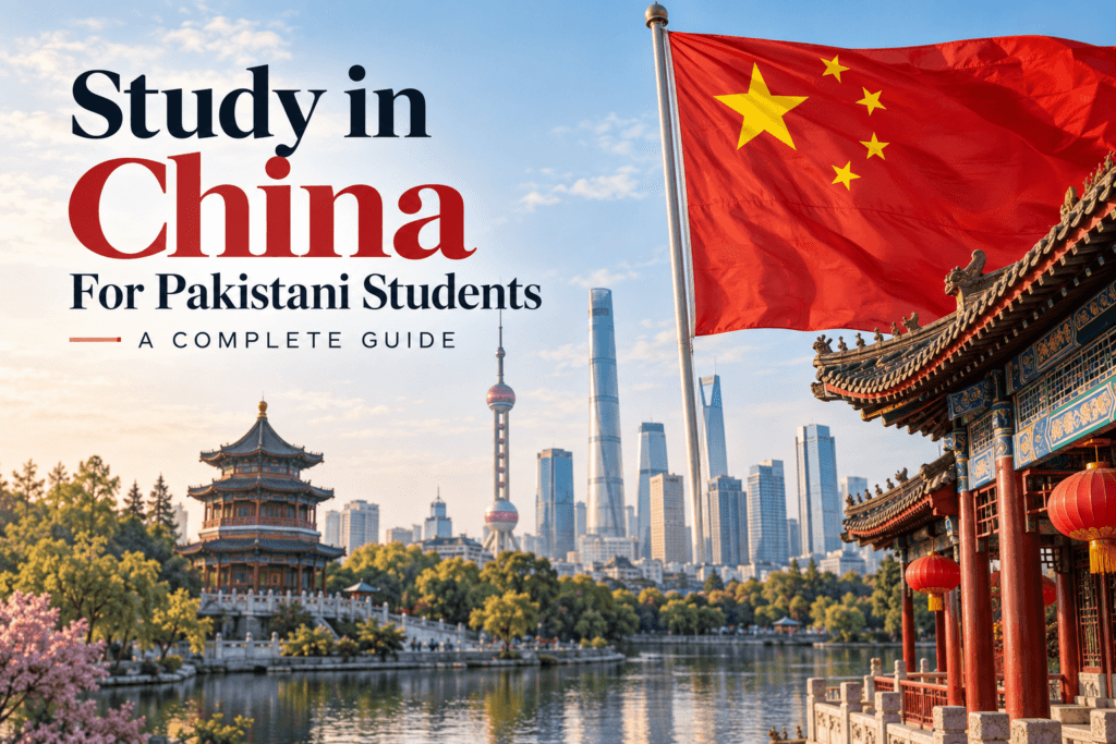 Study in China for Pakistani students featuring the Chinese flag, Shanghai skyline, traditional Chinese architecture, and scenic waterfront.